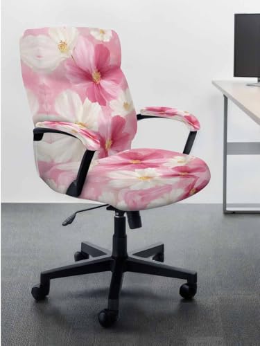Pink Cosmos Office Chair Cover with Armrest Covers, Spring Flower Daisy Universal Stretch Desk Rotating Chair Slipcovers, Retro Removable Seat Protector with Zipper, L - color: White Pink, size: Large & 2PCS Armrest Covers