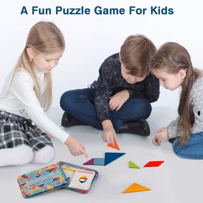 Vanmor Wooden Tangrams Sets Pattern Blocks, Shape Card Brain Teaser Puzzles Educational Toy, Travel Games for Kids Ages 4-8 Road Trip Essentials - color: Tangrams Set