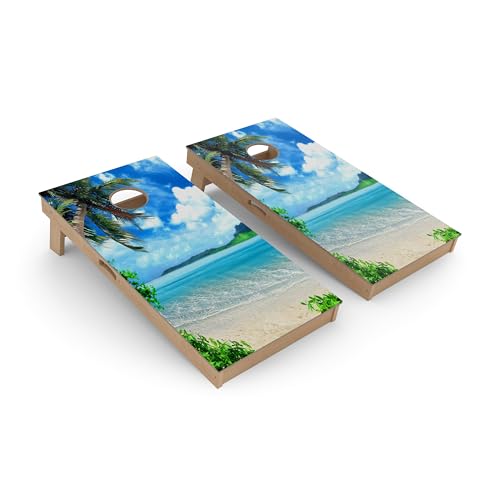 Slick Woody's Backyard Corn Hole Boards - 4'x2' Solid Wood Regulation Cornhole Toss Game with 8 Corn Filled Bags - color: Summer Relaxation