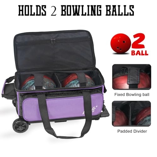 WOLT Double Roller 2 Ball Bowling Bag with Separate Shoe Compartment, Large Capacity Bowling Ball Bag with Accessory Pocket, Retractable Handle Extends to 40" - color: Purple