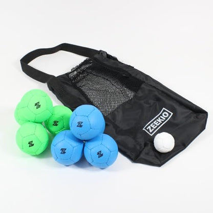 Zeekio Travel Bocce Set - Weather Resistant - Indoor Outdoor- Comes with Nylon and Mesh Adjustable Drawstring Carry Bag! (Neon Blue/Neon Green) - color: Neon Blue / Neon Green