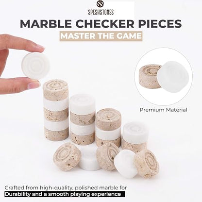Marble Checkers Set 15 Inches Handmade White and Travertine Checkers Board Game with Checker Pieces - Board Games for Adults, Game Table Accessories, Gifts & Home Décor