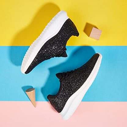 K KIP WOK Girls Glitter Sneakers Sparkle Slip On Walking Shoes for Kids/Children Breathable Running Sneakers - color: Black, size: 11 Little Kid