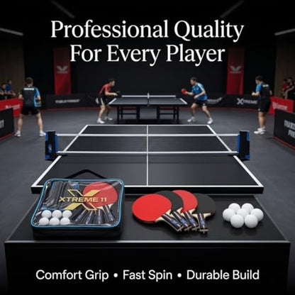 Pro Table Tennis Set, Retractable Net, Balls and Carry Case for Home, Office, Travel, Recreational, Professional Play - 4 Advanced Grade Paddles ITTF Certified Rubber & 6 Tennis Balls | ITTF Certified Rubber on the Paddle