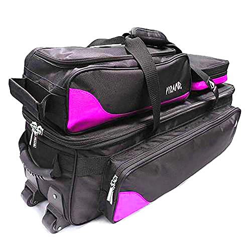 Pyramid Path Triple Tote Roller Plus Bowling Bag with Detachable Shoe Bag (Fits US Mens Size 15), Accessory and Side Pocket, Lightweight Travel Design - color: Black/Hot Pink