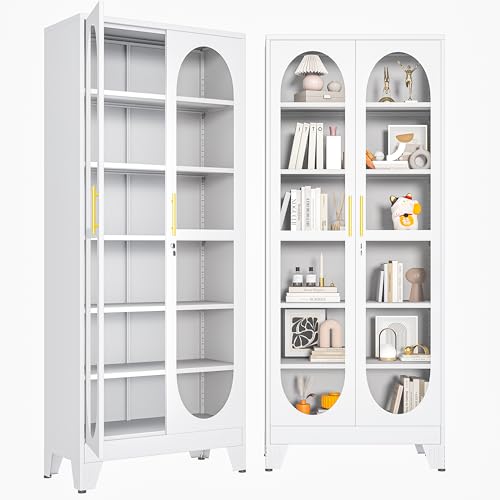 75" H Locking Display Cabinet with Glass Door, Tall Storage Cabinet with 5 Adjustable Shelves, Metal Curio Cabinet Multi-Purpose Display Case for Collectibles Living Room/Bedroom/Kitchen/Bar - color: White, size: 75''H