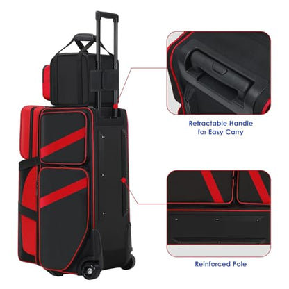 4 Ball Bowling Bag with Wheels, Bowling Bag 4 Ball Roller with Multi-pocket & Shoe Compartment & Retractable Handle, 3 Ball Roller Bag + 1 Ball Color Matching Add On Tote