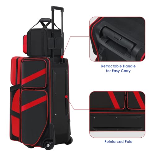4 Ball Bowling Bags with Wheels, Bowling Ball Bag with Multi-Pockets,4 Ball Bowling Bag with Secure Buckle Fixed Ball Cup & Shoe Compartment,3 Ball Bowling Bag+1 Ball Color Matching Add On Tote - color: red 3+1