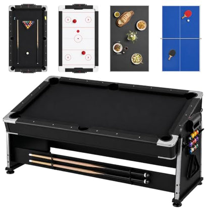 4-in-1 Multi Game Table – Pool Table,Air Hockey Table,Ping Pong Table & Dining Table Combo with Flip-Top Design,Includes Full Accessories.7ft Billiard Tables for Living Room,Bar,and Game Room. - color: Black