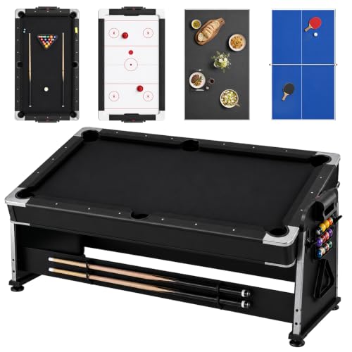 4-in-1 Multi Game Table – Pool Table,Air Hockey Table,Ping Pong Table & Dining Table Combo with Flip-Top Design,Includes Full Accessories.7ft Billiard Tables for Living Room,Bar,and Game Room. - color: Black