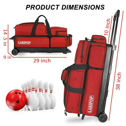 LARIPOP 3 Ball Bowling Bag with Wheels and Shoe Compartment, Rolling Bowling Bag for 3 Balls, Heavy Duty Bowling Roller Bag with Retractable Handle for Men Women - color: Red