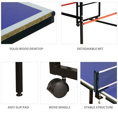 8FT Table Tennis Table with Net, Indoor/Outdoor Professional Ping Pong Table for Kids Adults, Folding Ping Pong Table, Complete Set with Paddles and Balls, School Playground Game Table - color: New Blue