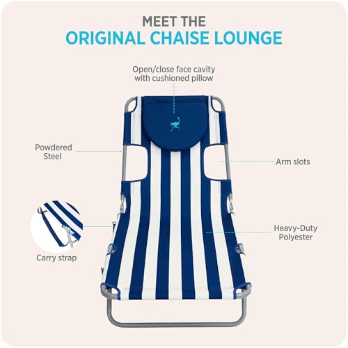 Ostrich Beach Lounge Chair, Folding & Reclining Outdoor Chaise Lounger, Blue/White Striped - Portable Adjustable Recliner Chair for Lawn, Pool, Patio, Garden, and Yard - color: Striped, style: Standard Chaise