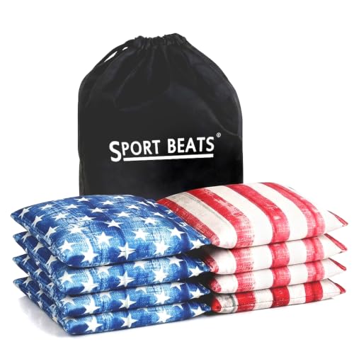 SPORT BEATS Cornhole Bags Set of 8 - Regulation Size & Weight Bean Bags, Heavy Duty Double-Stitched Canvas for Tailgating, Outdoor Backyard Game Accessories with Carry Tote - color: Rustic Stars & Stripes
