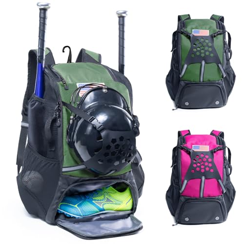 Baseball Backpack for Youth, Boys, Adults - Bat and Softball Equipment Bag With Glove Holder, Helmet, Shoes Compartment - T-Ball Accessories and Baseball Gifts - color: Hunter Green - 42L