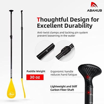 Abahub Carbon Fiber SUP Paddles, 1 x 3 Section Adjustable 67" - 86" Carbon Fiber Shaft, Lightweight Stand-up Paddle Oars for Paddleboards, with a Carrying Bag - color: Carbon Fiber Shaft & Yellow Wave Print Plastic Blad