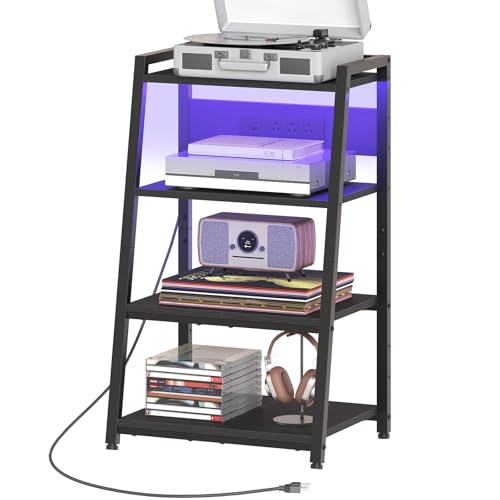 HOOBRO 4-Tier AV Media Stand with Charging Station and LED Light, Wooden Stereo Cabinet, Game Console Stand, Media Audio Tower Rack, Record Player, Small Entertainment Center, Black BB106UDCJ01