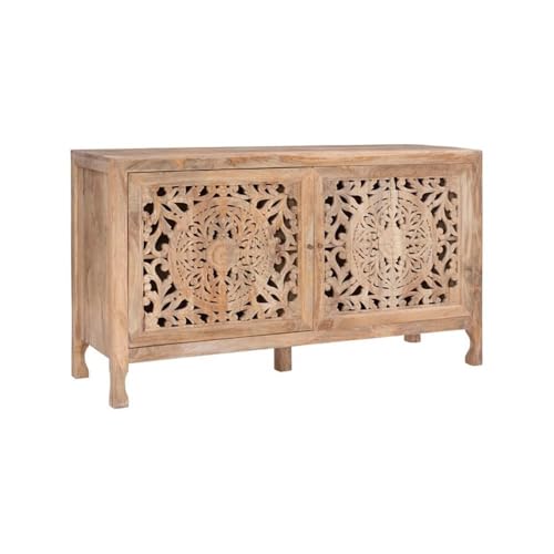 Pemberly Row Transitional Mango Wood Two Door Cabinet, Natural Brown Finish, 60" w x 20" d x 34" h, Handcrafted Storage Sideboard for Dining Room, Entryway, or Living Room