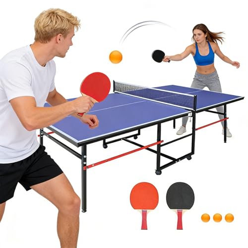 Mid-Size Table Tennis Game Set,Foldable Ping Pong Table for Indoor/Outdoor with Net,Single Player Playback Mode Ping Pong Table,10 Minute Quick Assembly,2 Table Tennis Paddles and 3 Balls - color: Blue