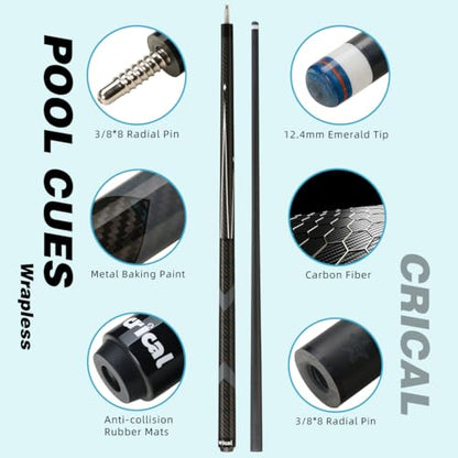 CRICAL Carbon Fiber Pool Cue Stick 58" Billiard Cue Sticks Professional Low Deflection Pool Sticks with 3/8 * 8 Pin Joint and 12.5mm Tip - color: 001-CL01