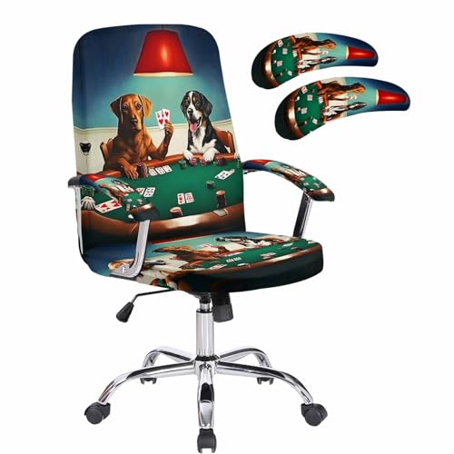 Abstract Animal Office Chair Cover with Armrest Covers, Dog in The Room Playing Poker Games Universal Stretch Desk Rotating Chair Slipcovers, Removable Seat Protector with Zipper, M - color: Dark Green Brown, size: Medium & 2PCS Armrest Covers