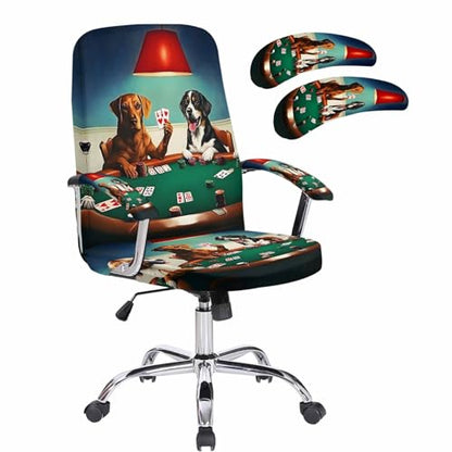 Abstract Animal Office Chair Cover with Armrest Covers, Dog in The Room Playing Poker Games Universal Stretch Desk Rotating Chair Slipcovers, Removable Seat Protector with Zipper, M - color: Dark Green Brown, size: Medium & 2PCS Armrest Covers
