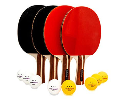 Ping Pong Paddle Set of 4 -Full Table Tennis Bundle includes 4 Ping Pong Paddles, 8 Three Star Balls, Portable Storage Travel Bag/Case - Racket Kit 2 or 4 Players - Recreational Indoor/Outdoor Games