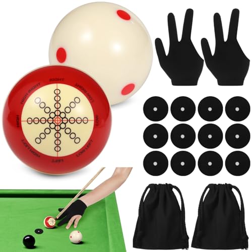 2 PCS Billiards Cue Balls, 2-1/4 in Pool Cue Practice Training Set, Accessories Kit for Beginners Pros, Includes 3-Finger Gloves, Stickers, Carry Bags