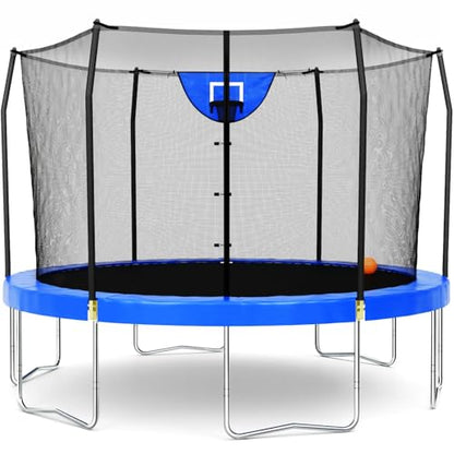 Skywalker Trampoline Outdoor 8 FT, 12 FT, 15 FT Jump N’ Dunk Round Outdoor Trampoline with Net, Trampoline Mat, and Basketball Hoop for Trampoline - color: Blue, style: 12 Foot
