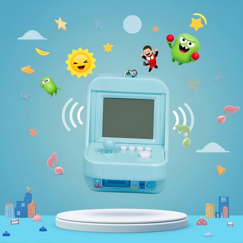1PC Blue Micro Player Mini Arcade Machine with Keychain, 26 Classic Game Modes Support Music Mini Building Block Game Console for Plug and Play Video Games Automotive Trim Automobile Keychains