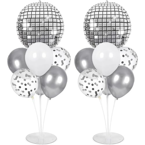 Disco Ball Party Balloons Stand Kit 2 Sets with 2 Silver 4D Discoball Foil Balloon Disco Ball Centerpiece for Tables 70s 80s 90s Dance Themed Birthday Graduation Decorations 2026 Prom Party Supplies - style: Silver Disco