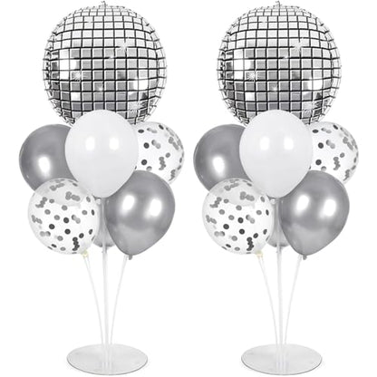 Disco Ball Party Balloons Stand Kit 2 Sets with 2 Silver 4D Discoball Foil Balloon Disco Ball Centerpiece for Tables 70s 80s 90s Dance Themed Birthday Graduation Decorations 2026 Prom Party Supplies - style: Silver Disco