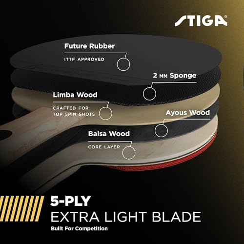 STIGA Bullet Ping Pong Paddle – 5-ply Extra Light Blade – 2mm Premium Sponge – Flared Handle for Masterful Grip – Performance Table Tennis Racket for Competitive Play - style: Alpha