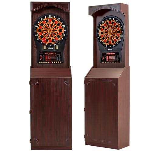 Arachnid Freestanding Cabinet Set: Includes Cricket Pro 800 regulation board in a stylish cabinet with shelves. Offers 40 games, 8-player LED scoring, tri-color Cricket, and 6 darts
