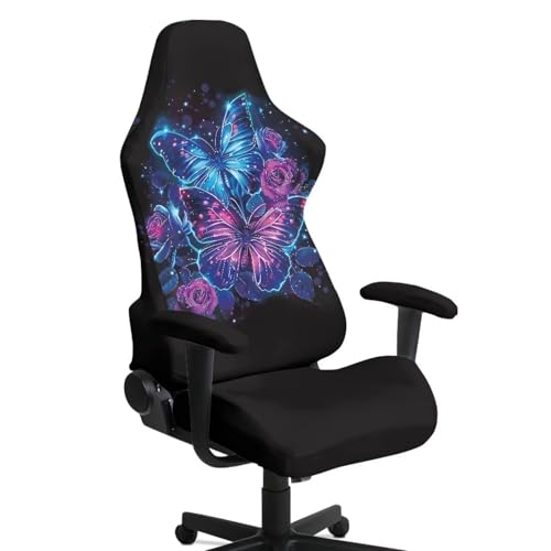 Suobstales Butterfly Rose Pattern Gaming Chair Covers with Armrest Covers, Elastic Computer Chair Slipcovers Stretchable Washable Gaming Chair Seat Cover - color: Butterfly Rose