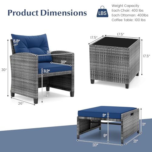 Tangkula 5 Pieces Patio Conversation Set, PE Wicker Rattan Outdoor Furniture Set with 2 Chairs, 2 Ottomans & Tempered Glass Coffee Table, Ideal for Poolside, Backyard, Lawn, Deck, Mix Grey & Navy - color: Mix Grey & Navy