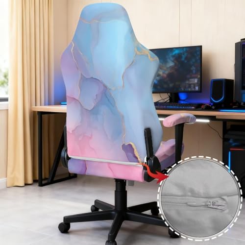 Blue Pink Marble Texture Print 4 PCS Gaming Chair Covers Slipcovers Stretchy Gaming Chair Cover Set Dustproof Washable Office Desk Chair Cover with Armrest Covers - color: Blue Pink Marble Texture