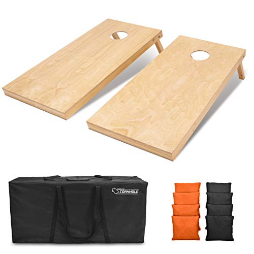 GoSports Regulation Size Wooden Cornhole Set with Natural Wood Finish - Includes Carrying Case - color: Black & Orange