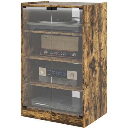 Rustic Brown 4-Shelf Media Stand - Steel-Reinforced MDF, Press-Lock Glass Doors, Adjustable AV Rack for Gaming/TV Gear