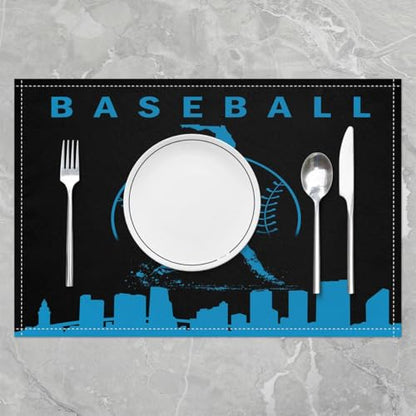Erosebridal Baseball Placemats Set 4 Piece Sports Games Place Mat Softball Placement Mats Athlete City Silhouette Table Mats for Dining Table Setting, Black Blue - color: Black Blue