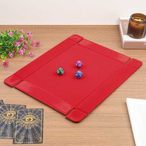 PU Leather Dice Tray Magnetic Folding Dice Rolling Mat with Red Felt Lining for Dice Games Portable Tabletop Board Games Tray - color: Red