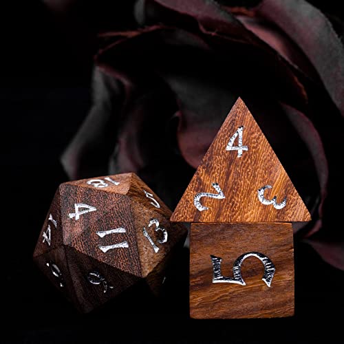 7PCS Wooden DND Dice Set, Red Sandalwood D&D Dice with Metal Box for Role Playing Games, d and d Gifts - color: Red Sandalwood