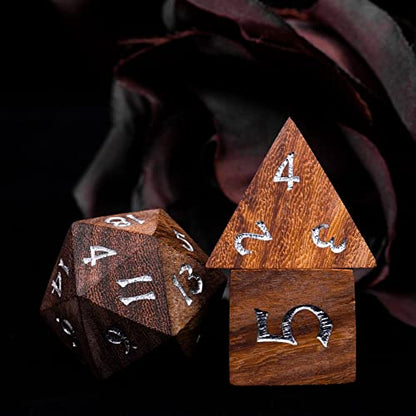 7PCS Wooden DND Dice Set, Red Sandalwood D&D Dice with Metal Box for Role Playing Games, d and d Gifts - color: Red Sandalwood
