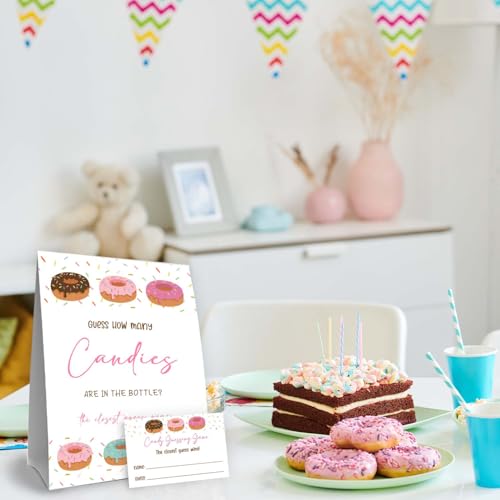 Donut Party Decorations,Pink Donut Guess How Many Baby Shower Game,Donuts Birthday Party Decorations,Guess How Many Candy Are In The Bottle, Party Game & Activities 50 Cards And Sign - size: Donut