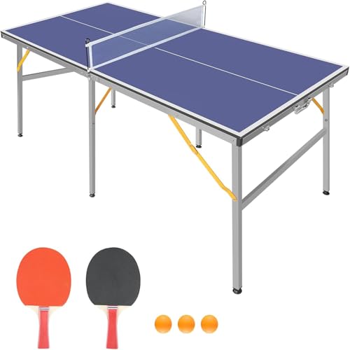 6ft Mid Size Blue Foldable Portable Ping Pong Table Indoor Outdoor Game Set with Net 2 Paddles 3 Balls