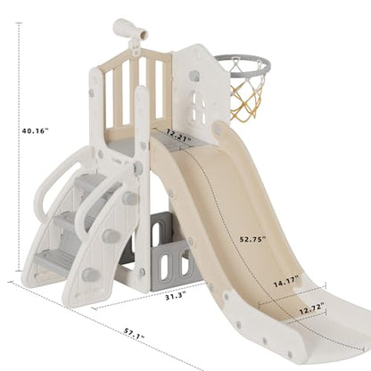 YUFU 5 in 1 Toddler Slide, Kids Slide with Climber, Basketball Hoop and Ball, Outdoor Indoor Playset for Toddlers Age 1-3 (Beige+Coffee) - color: Beige+coffee
