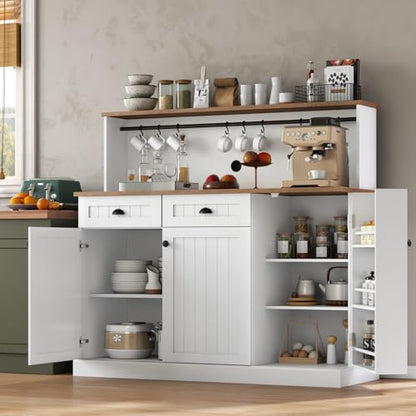Gyfimoie Sideboard Buffet Cabinet with 2 Drawers, Farmhouse Kitchen Pantry with Adjustable Shelves, Coffee Bar Cupboard Cabinet with 3 Doors for Kitchen, Dining Room (White) - color: White