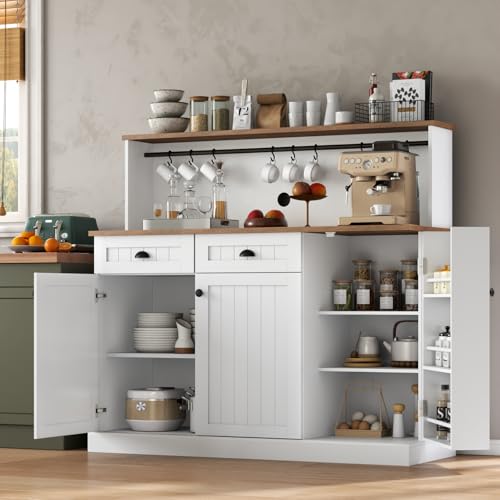 Gyfimoie Sideboard Buffet Cabinet with 2 Drawers, Farmhouse Kitchen Pantry with Adjustable Shelves, Coffee Bar Cupboard Cabinet with 3 Doors for Kitchen, Dining Room (White) - color: White