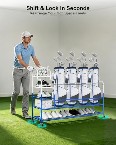 Golf Bag Storage Garage Organizer for 4 Bags, Golf Storage Rack with Wheels | 50% More Space Multi-Zone,All-In-One Compact 5-tier Heavy-Duty Rack,4 360° Casters,Movable Basket,Extra Bottom Storage,Gifts - size: 4 Golf Bag Rack丨60"(L)x15.8(W)"x44.6"(H)