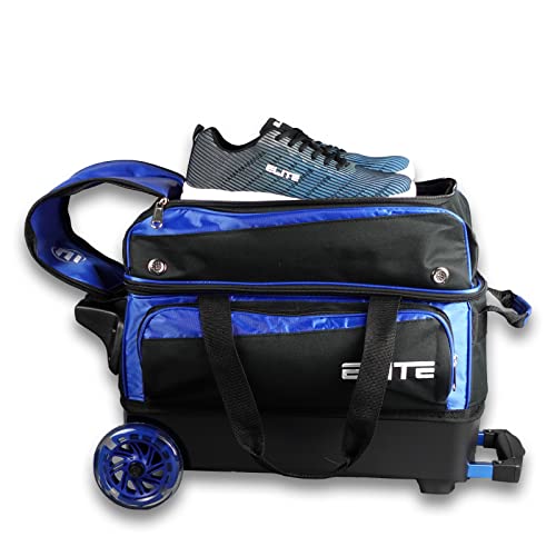 ELITE Deluxe 2 Ball Bowling Bag with 5" Smooth Wheels - Large Accessory Pocket, Shoe Compartment, 36" Extendable Handle - color: Royal